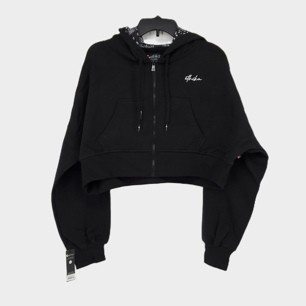 Ethika Cropped Zip 100% Cotton Hoodie Womens 3XL Bandana Lining Black Drawstring